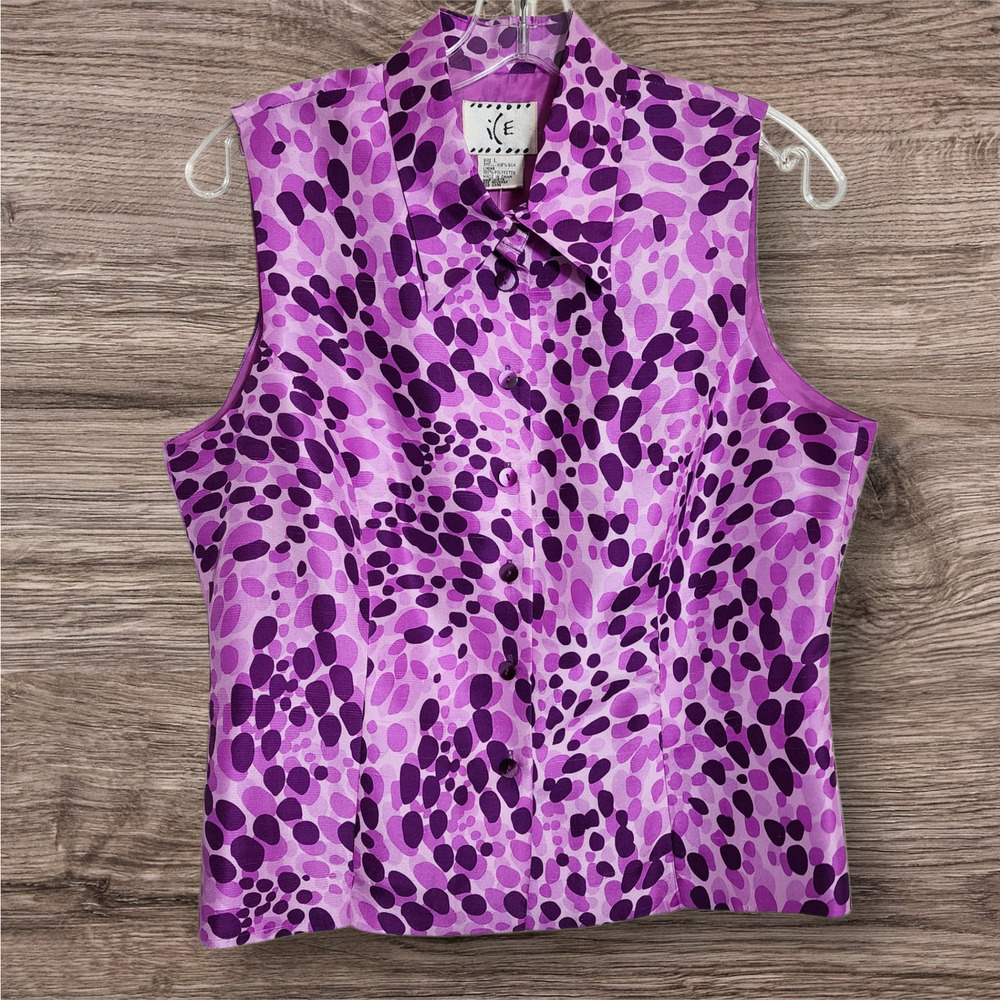 Vintage deadstock ICE 100% silk purple polka dot button front blouse womans sz L